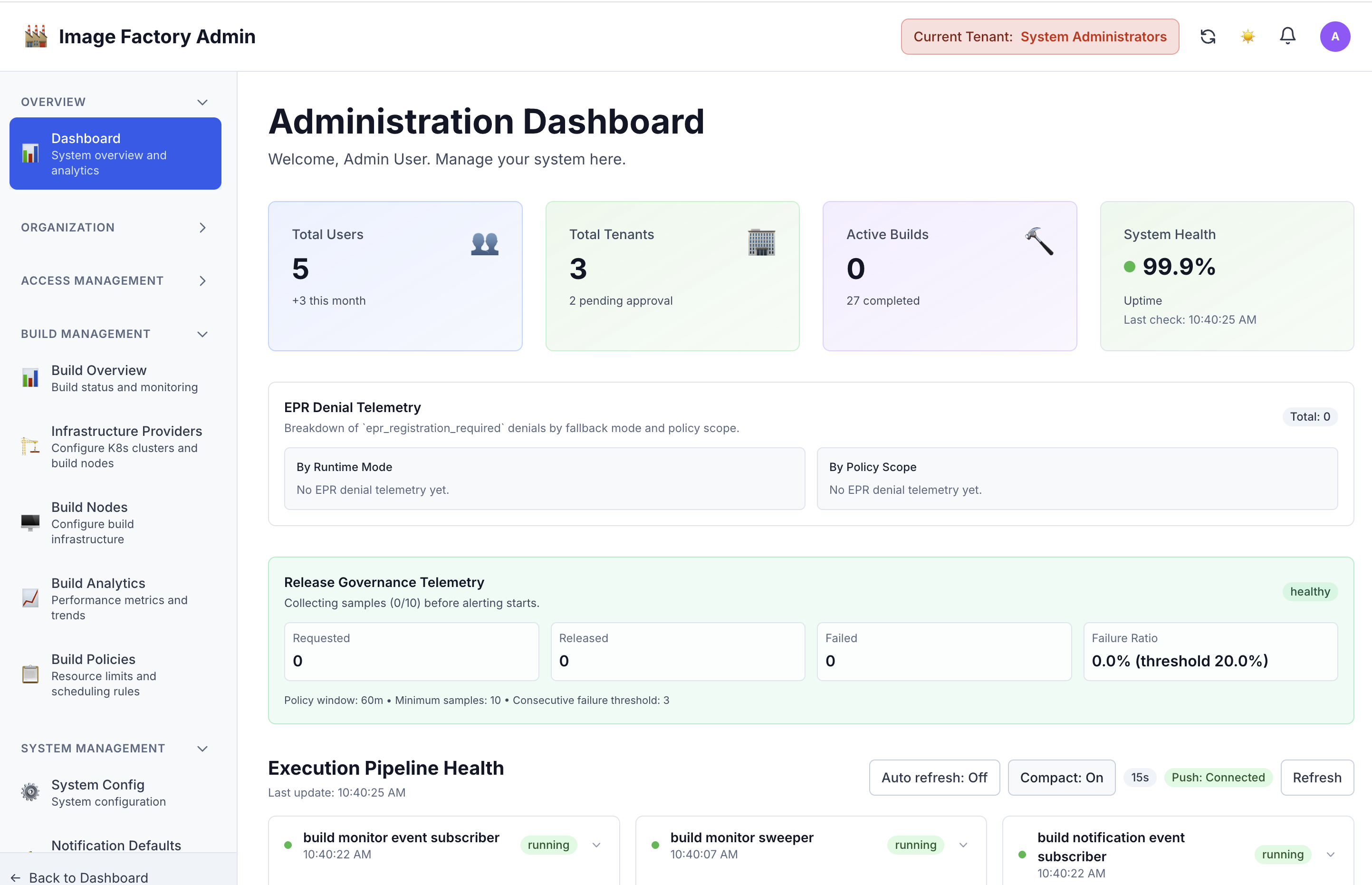 Image Factory administration dashboard
