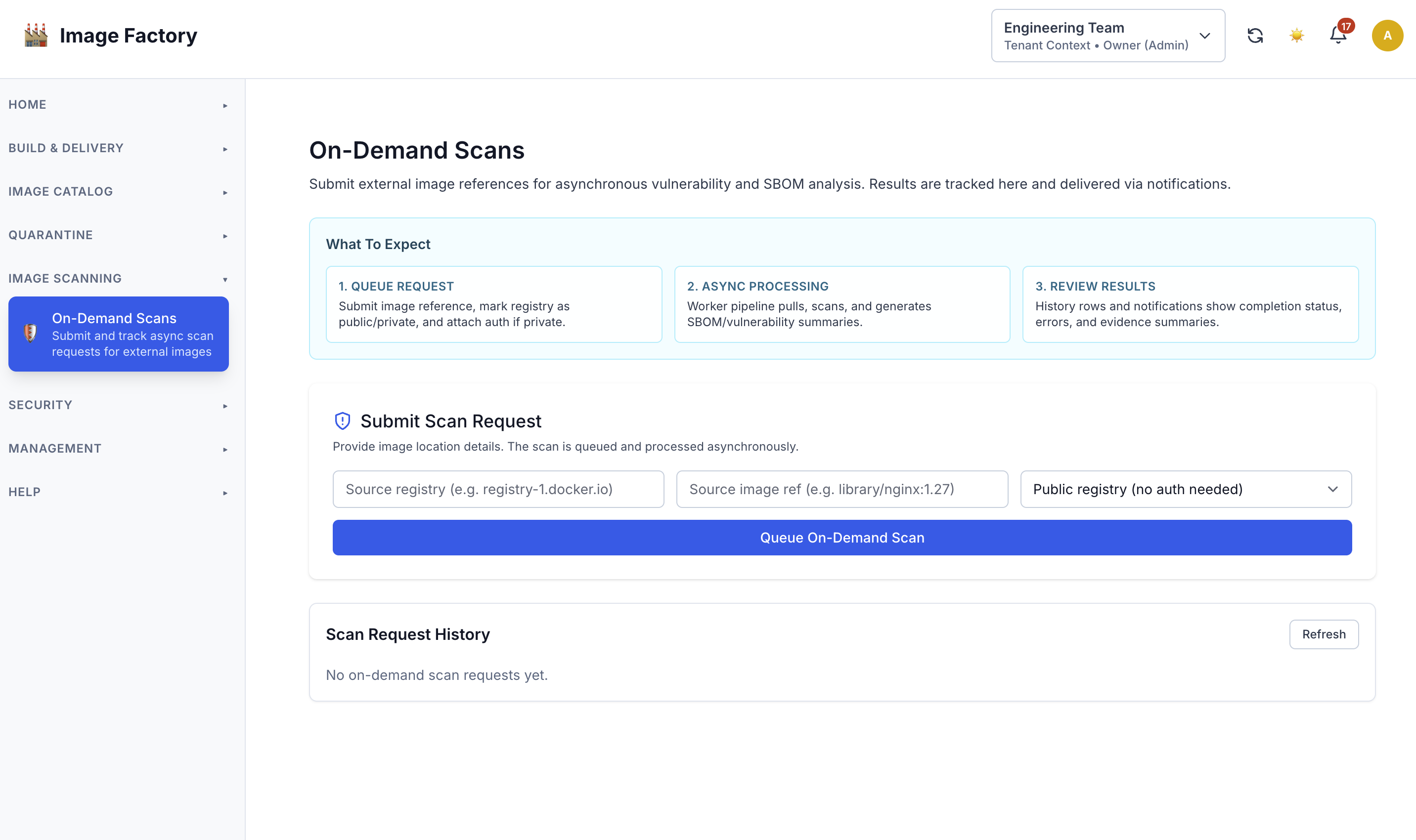 On-demand image scanning workflow