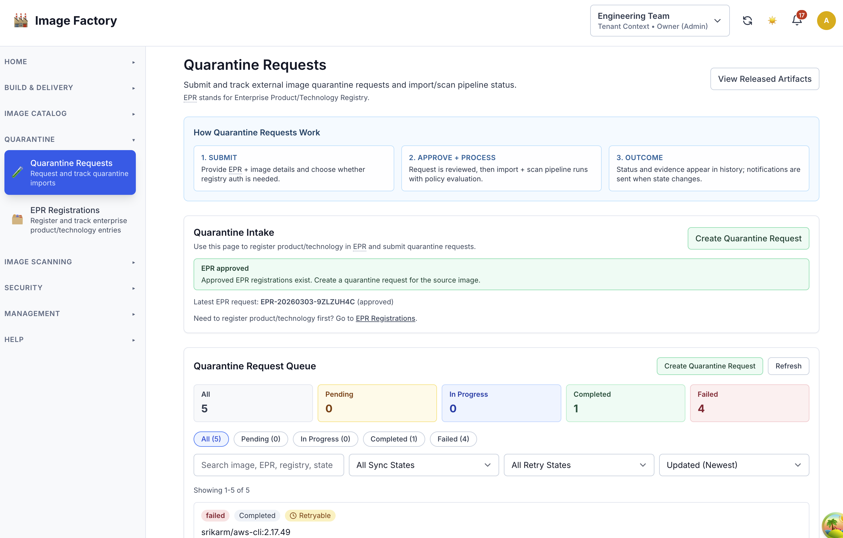 Quarantine requests workflow