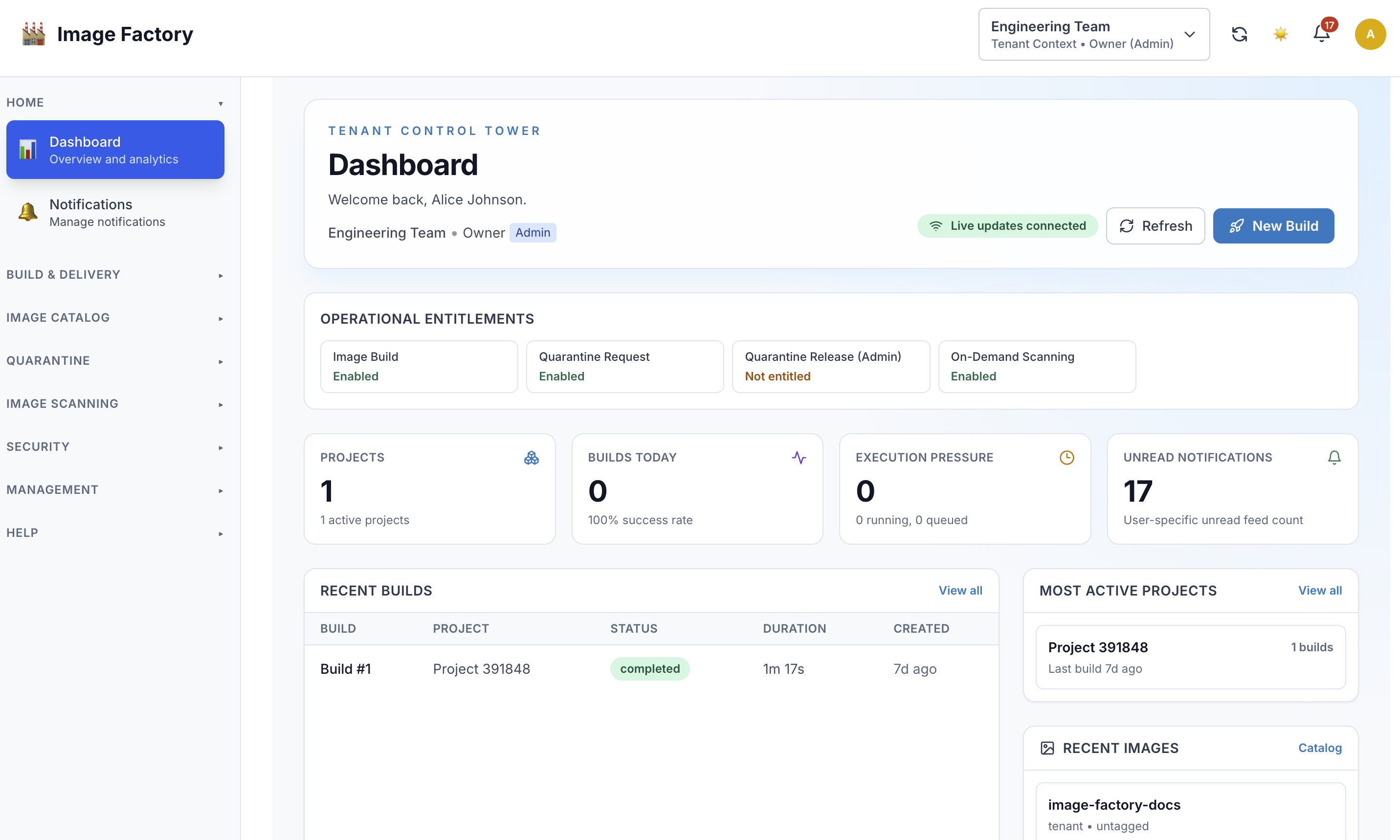 Image Factory tenant dashboard